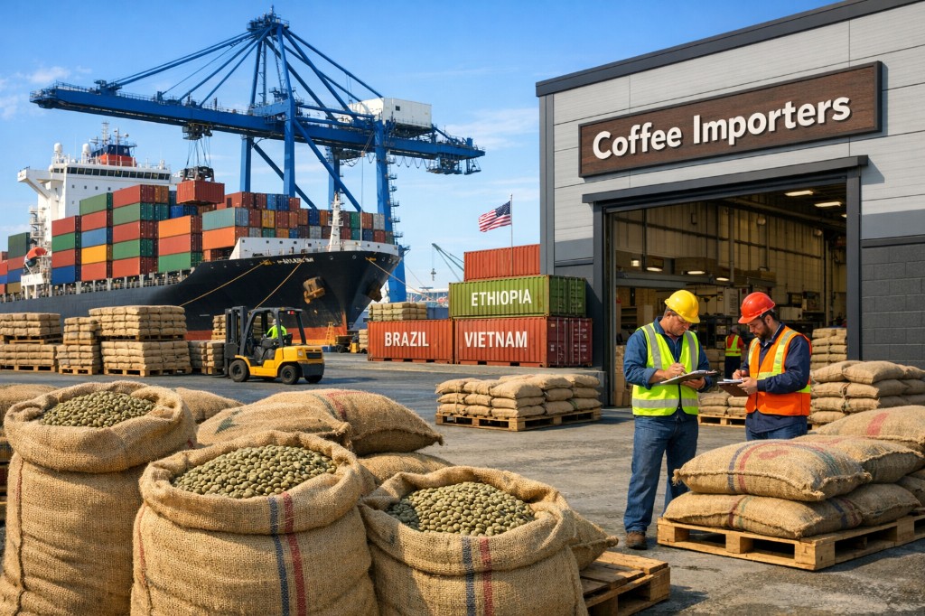 Coffee importers warehouse with green coffee sacks and containers from Brazil, Ethiopia, and Vietnam at a busy US port
